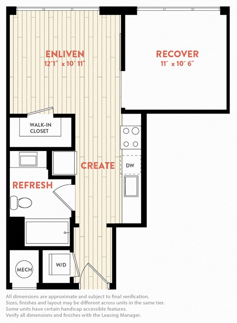 Floor plan for 1 bed, 1 bath, 552 sqft